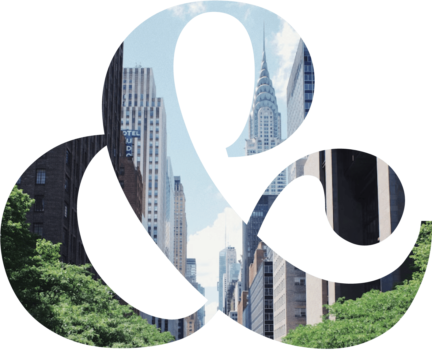 New York City skyscrapers, including the Chrysler Building, viewed through an ampersand-shaped frame with green trees at the bottom.
